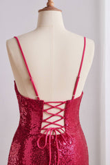 Fuchsia Spaghetti Strap Sequin Lace-up Back Dress