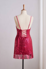 Fuchsia Spaghetti Strap Sequin Lace-up Back Dress