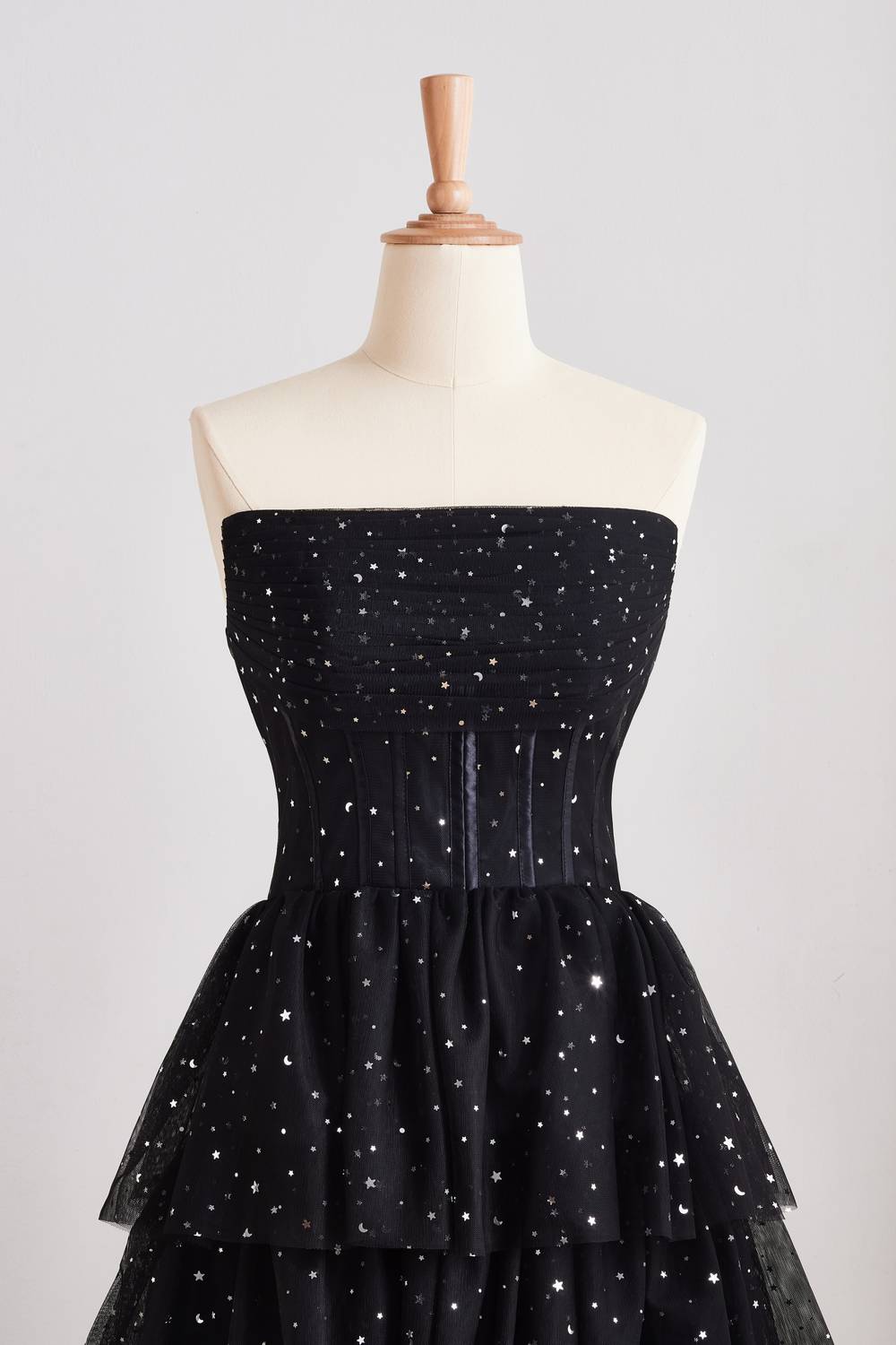 Black Strapless Sequin Lace-up Back Ruffle Dress