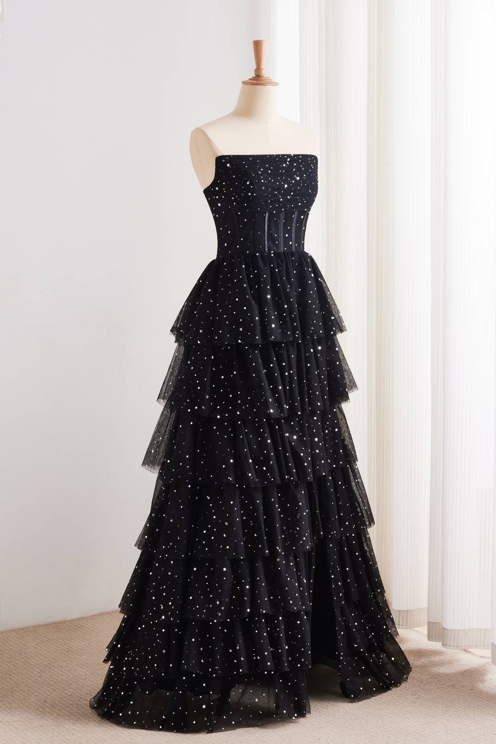 Black Strapless Sequin Lace-up Back Ruffle Dress