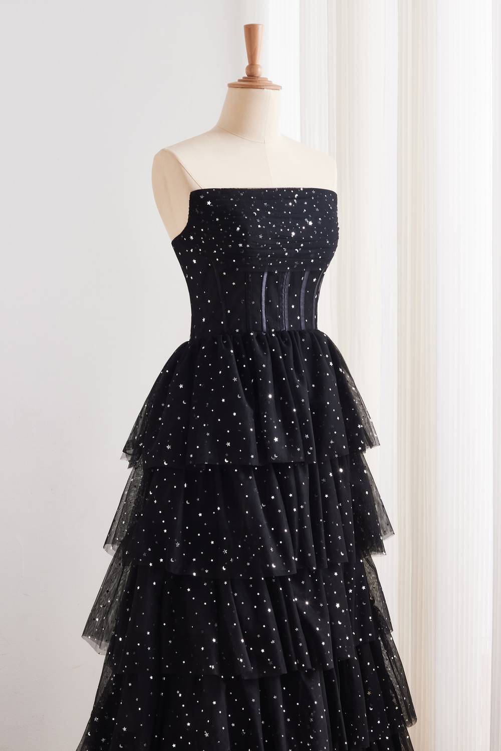 Black Strapless Sequin Lace-up Back Ruffle Dress