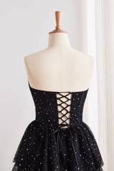 Black Strapless Sequin Lace-up Back Ruffle Dress
