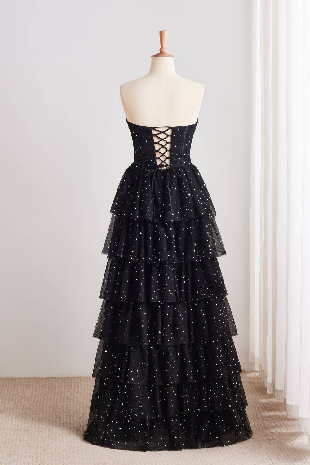 Black Strapless Sequin Lace-up Back Ruffle Dress