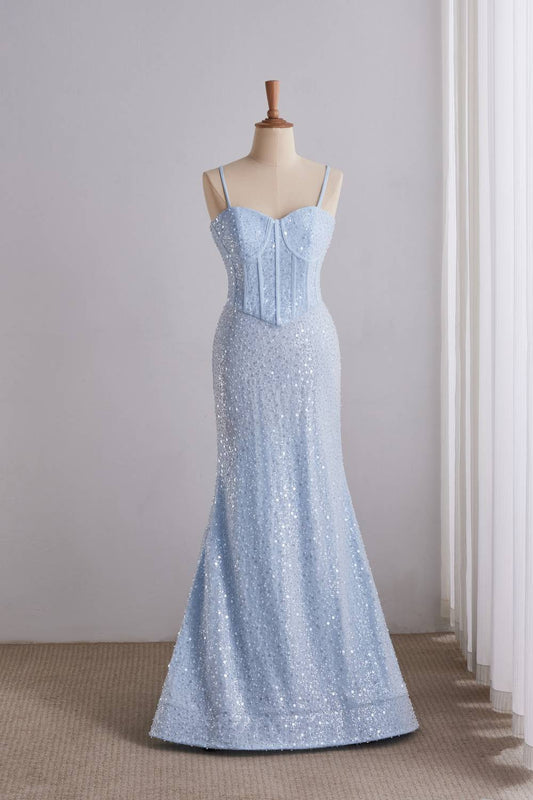 Blue Spaghetti Strap Sequin Long Mermaid Dress