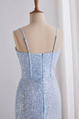 Blue Spaghetti Strap Sequin Long Mermaid Dress