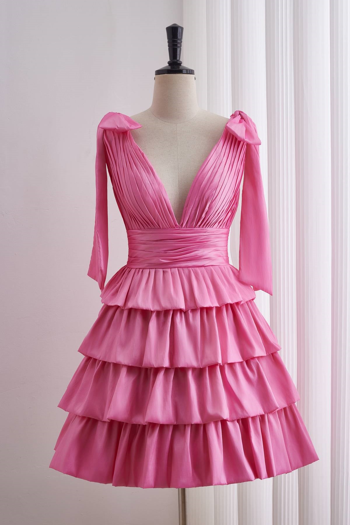 Pink Plunge Tiered Ruffle Short Homecoming Dress