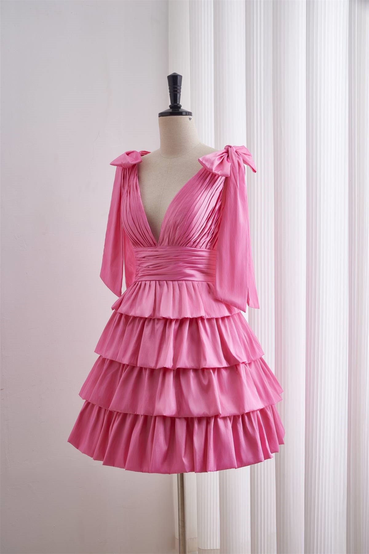 Pink Plunge Tiered Ruffle Short Homecoming Dress