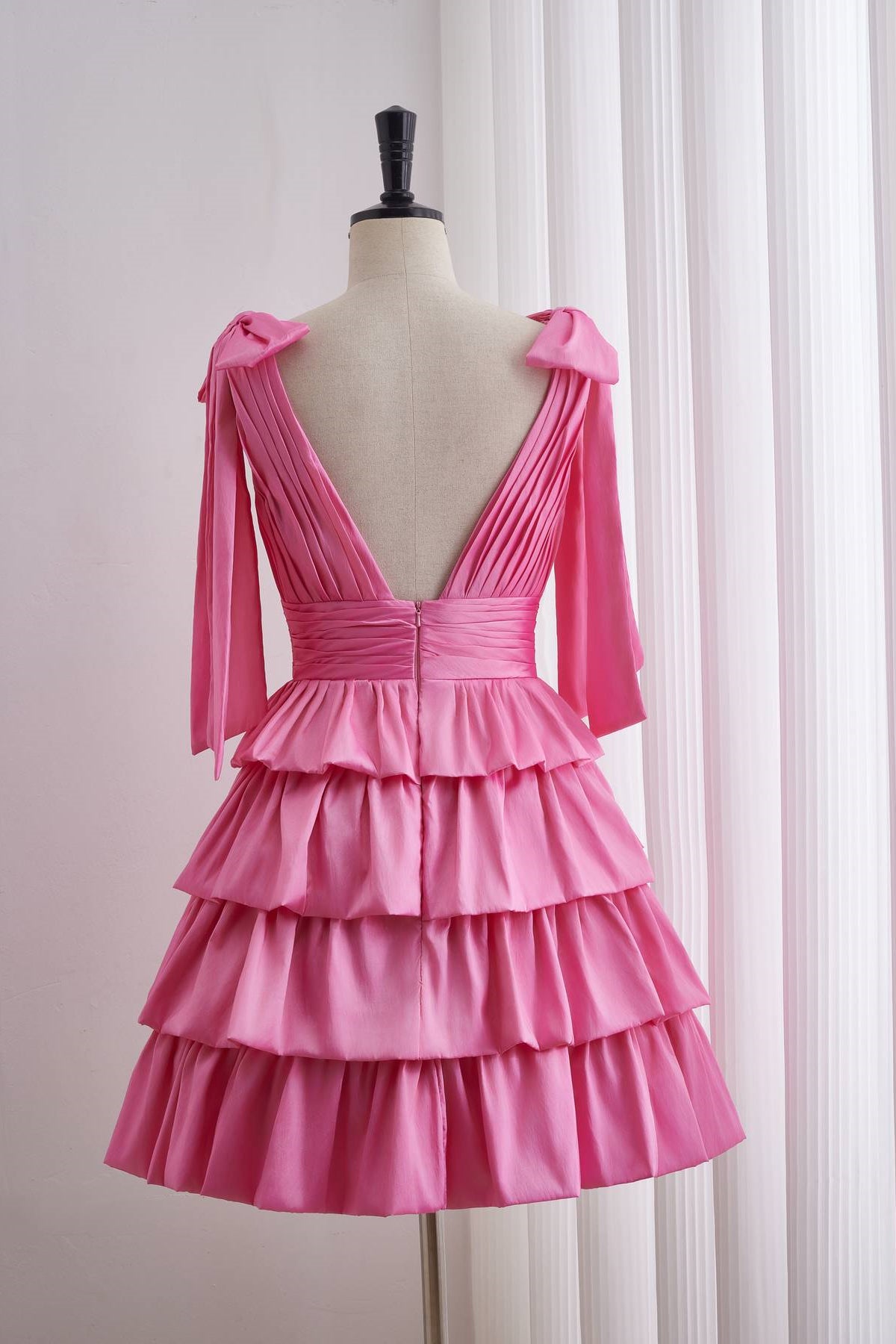 Pink Plunge Tiered Ruffle Short Homecoming Dress