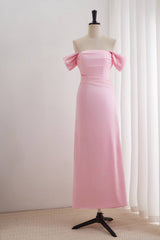 Pink A-line Off-the-shoulder Ruched Long Dress