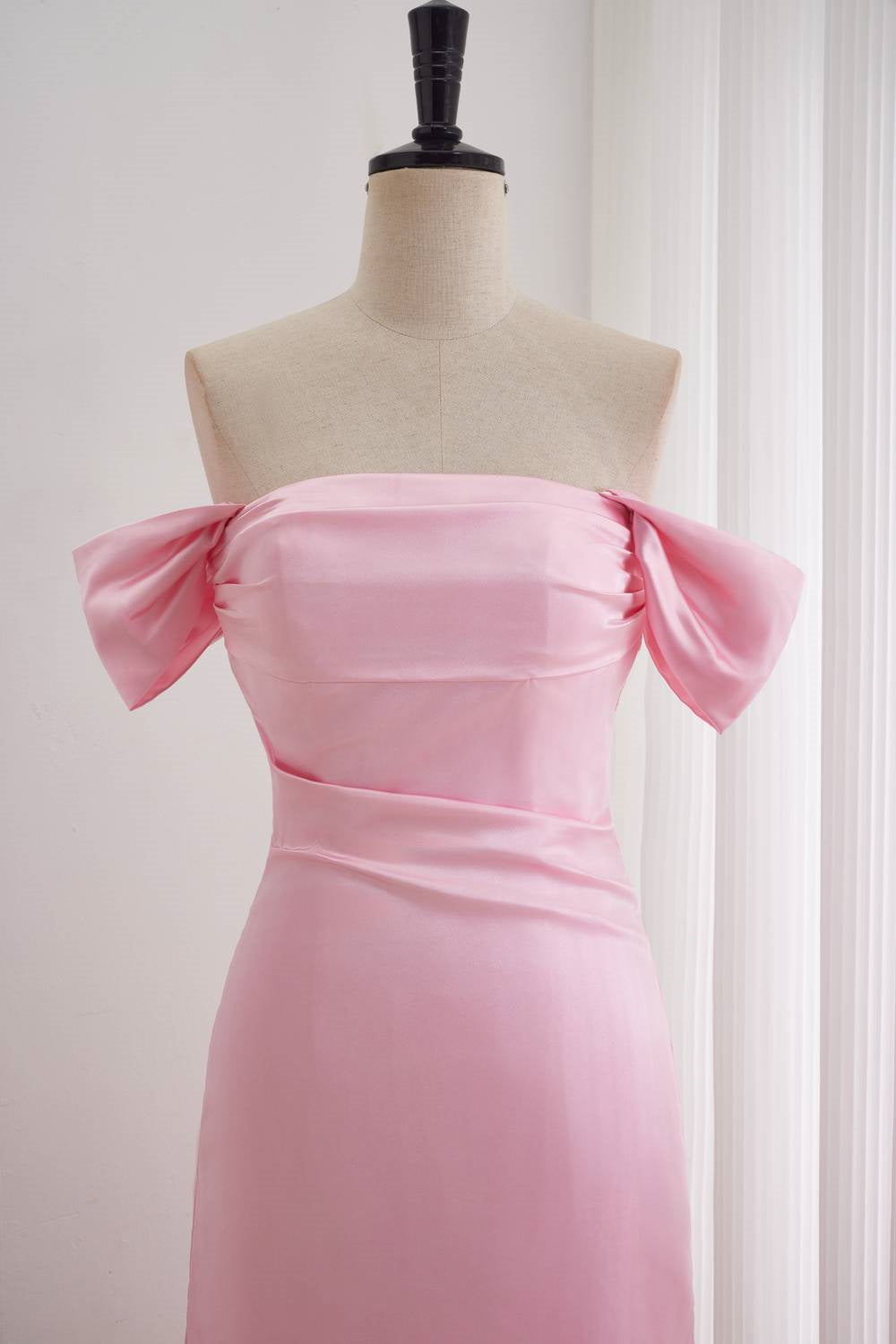 Pink A-line Off-the-shoulder Ruched Long Dress