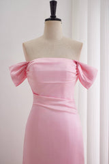 Pink A-line Off-the-shoulder Ruched Long Dress