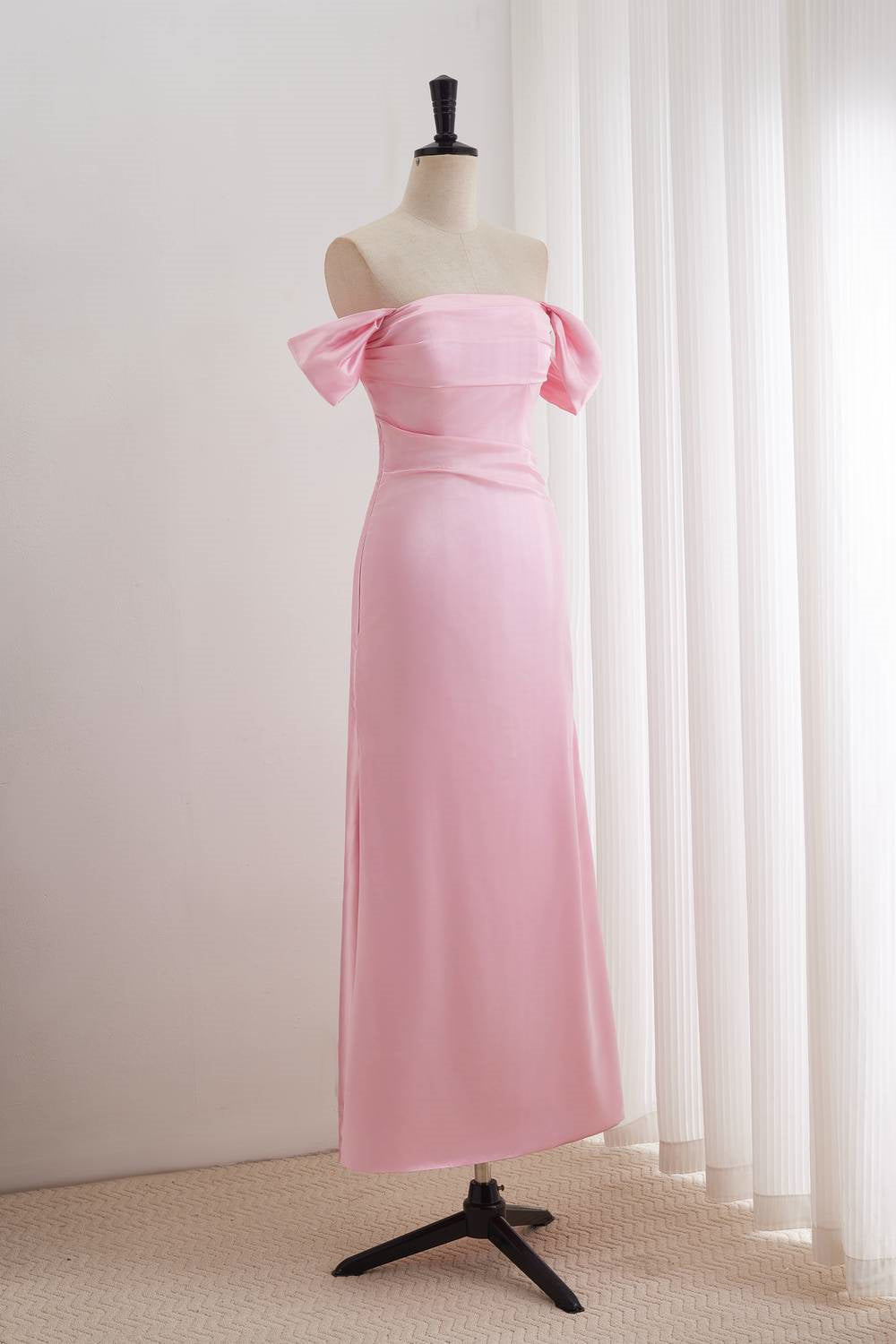 Pink A-line Off-the-shoulder Ruched Long Dress