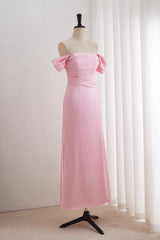 Pink A-line Off-the-shoulder Ruched Long Dress