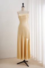 Golden Pleated Bandeau Neckline Prom Dress