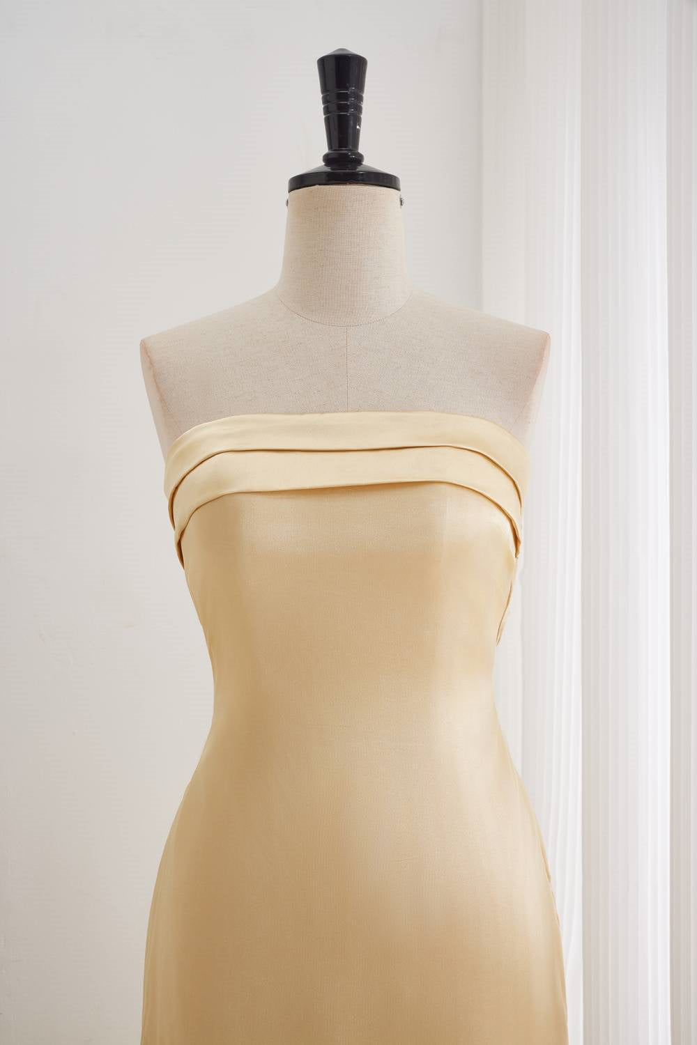 Golden Pleated Bandeau Neckline Prom Dress