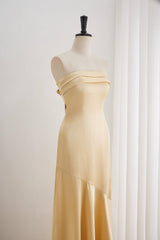 Golden Pleated Bandeau Neckline Prom Dress