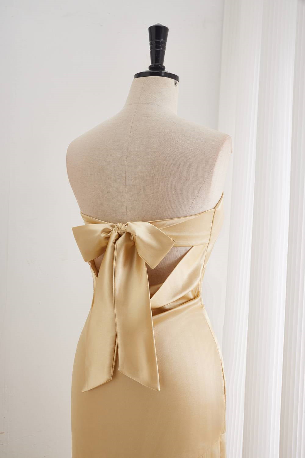 Golden Pleated Bandeau Neckline Prom Dress