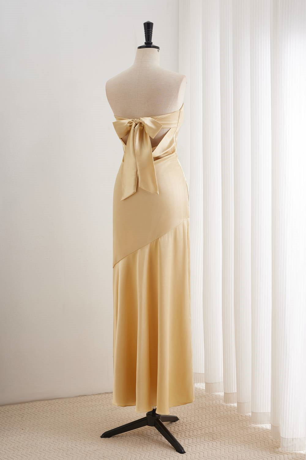 Golden Pleated Bandeau Neckline Prom Dress