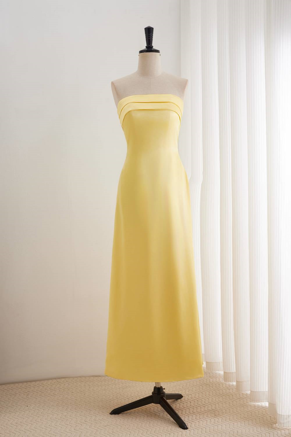 Yellow Pleated Bandeau Neckline Prom Dress