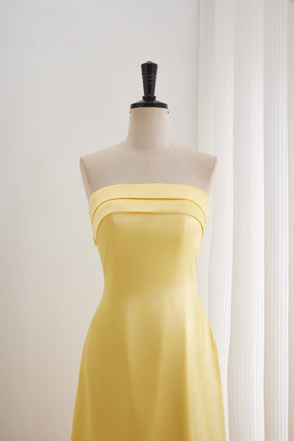 Yellow Pleated Bandeau Neckline Prom Dress
