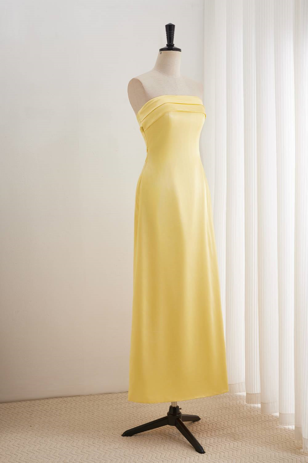 Yellow Pleated Bandeau Neckline Prom Dress