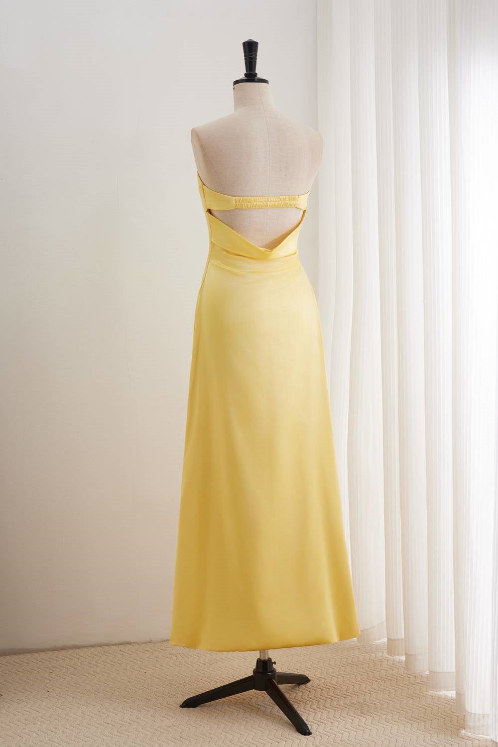 Yellow Pleated Bandeau Neckline Prom Dress