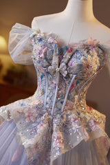Off the Shoulder Lilac Floral Sparkle Tulle Long Dress