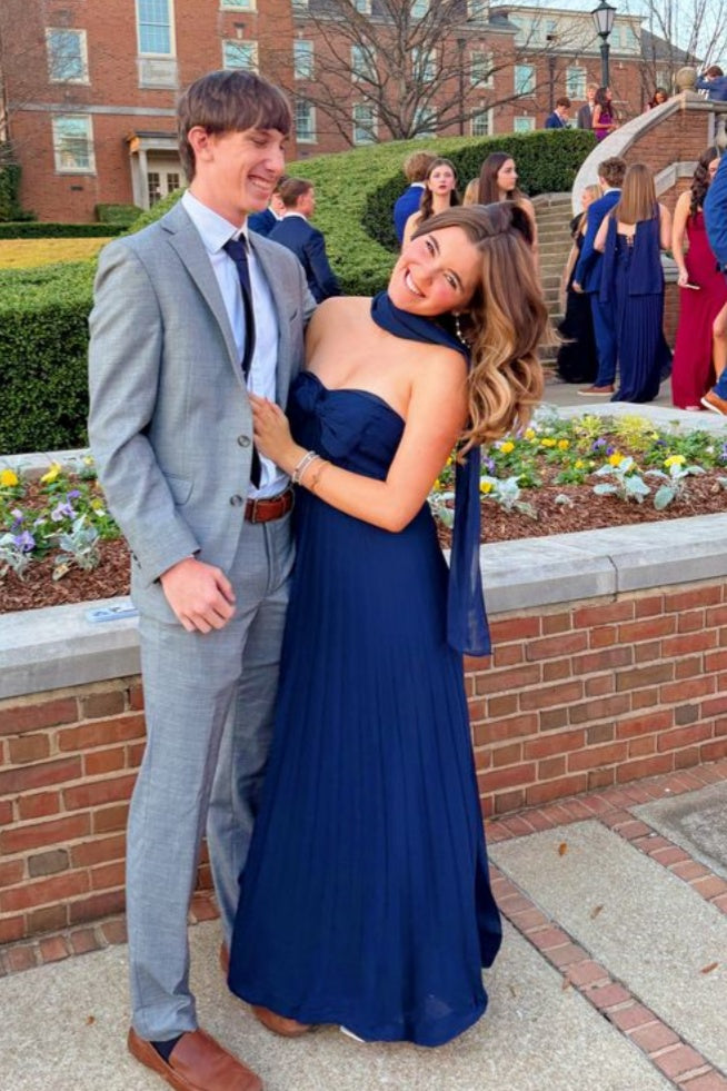 Navy Strapless A-Line Long Dress with Bow Detail