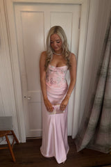 Pink Satin Beaded Fitted Maxi Dress