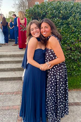 Navy Strapless A-Line Long Dress with Bow Detail
