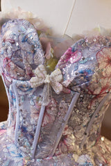 Off the Shoulder Lilac Floral Sparkle Tulle Short Dress