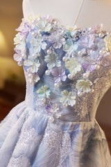 Strapless White and Blue 3D Floral Long Dress with Sequin