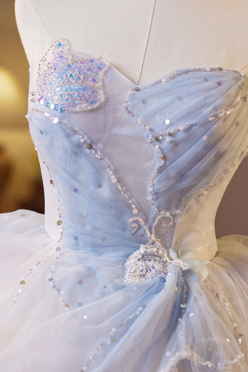 Strapless White and Blue Butterfly Sparkle Tulle Dress
