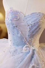 Strapless White and Blue Butterfly Sparkle Tulle Dress