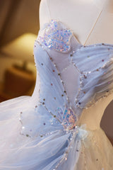 Sweetheart White and Blue Butterfly Sparkle Long Dress