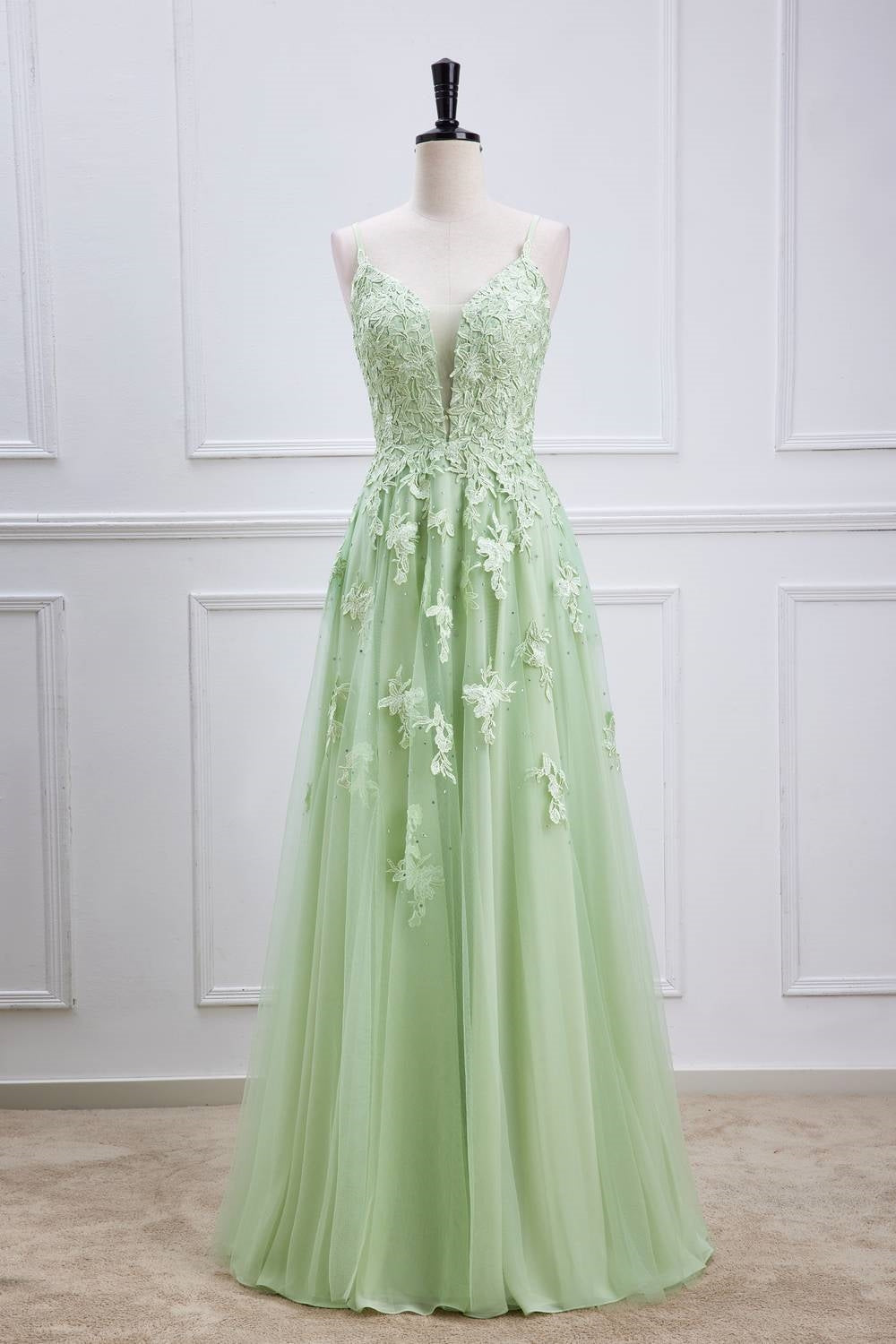 Spaghetti Straps Sage Green Appliques Long Formal Dress
