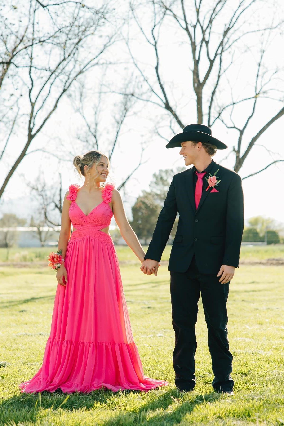 Hot Pink V Neck Ruffled A-Line Prom Dress