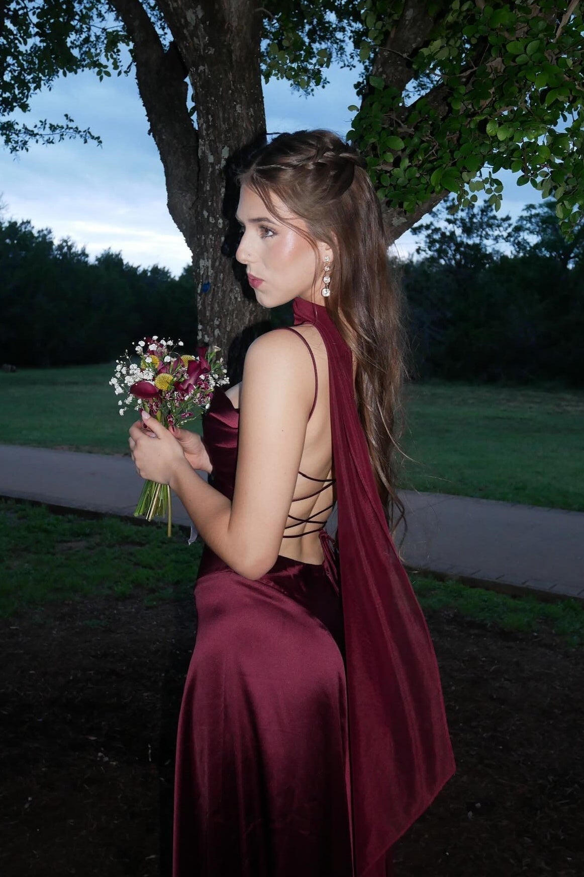 Burgundy Satin Backless Lace-Up Long Dress