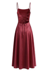 Burgundy Satin Backless Lace-Up Long Dress