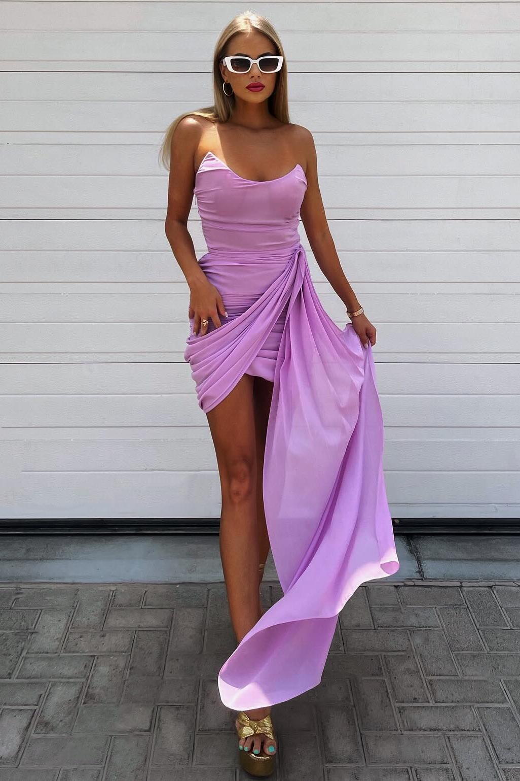Strapless Lilac Ruched Tight Mini Dress with Train