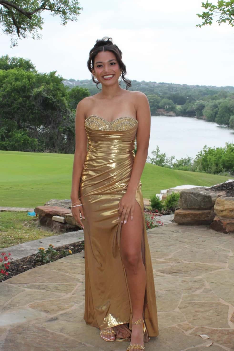 Diamond Metallic Sliver Mermaid Prom Dress with Slit