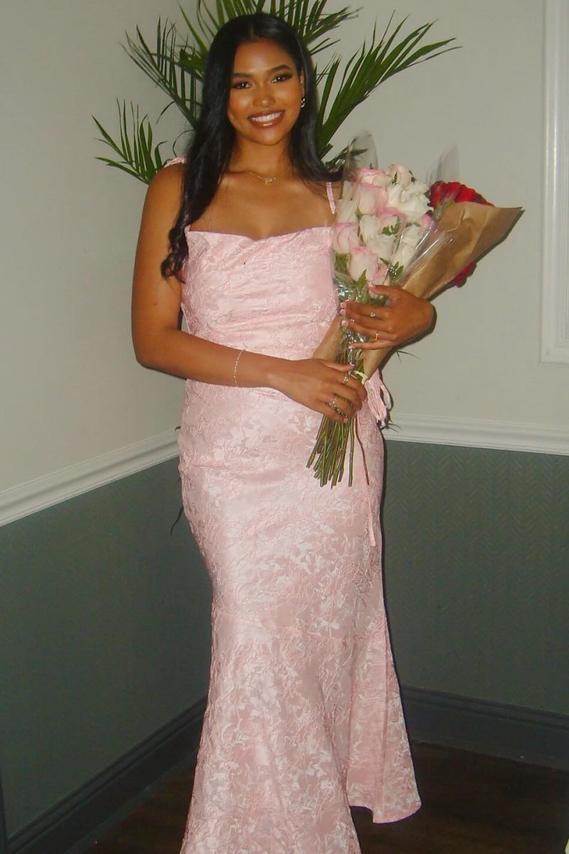 Pink Floral Jacquard Fitted Long Prom Dress