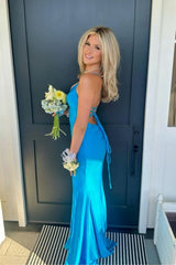 Sky Blue Straps Mermaid V-Neck Long Prom Dress