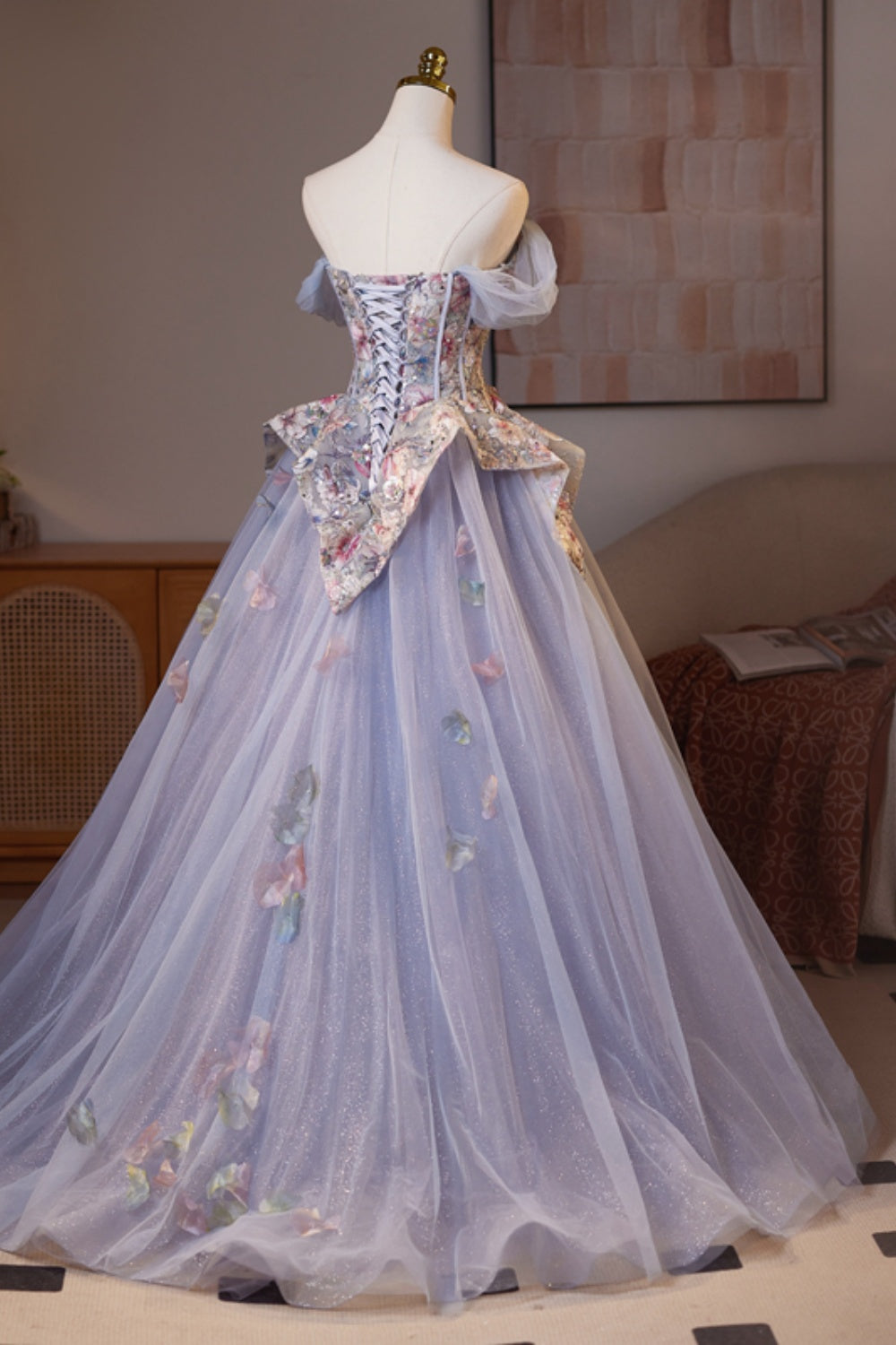 Off the Shoulder Lilac Floral Sparkle Tulle Long Dress