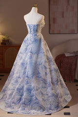 Strapless White and Blue 3D Floral Long Dress with Sequin