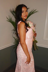 Pink Floral Jacquard Fitted Long Prom Dress
