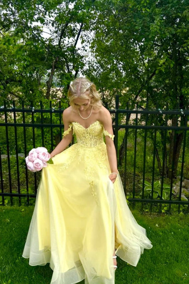 Yellow Off-the-Shoulder Floral A-Line Dress