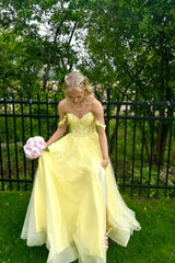 Yellow Off-the-Shoulder Floral A-Line Dress