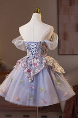 Off the Shoulder Lilac Floral Sparkle Tulle Short Dress