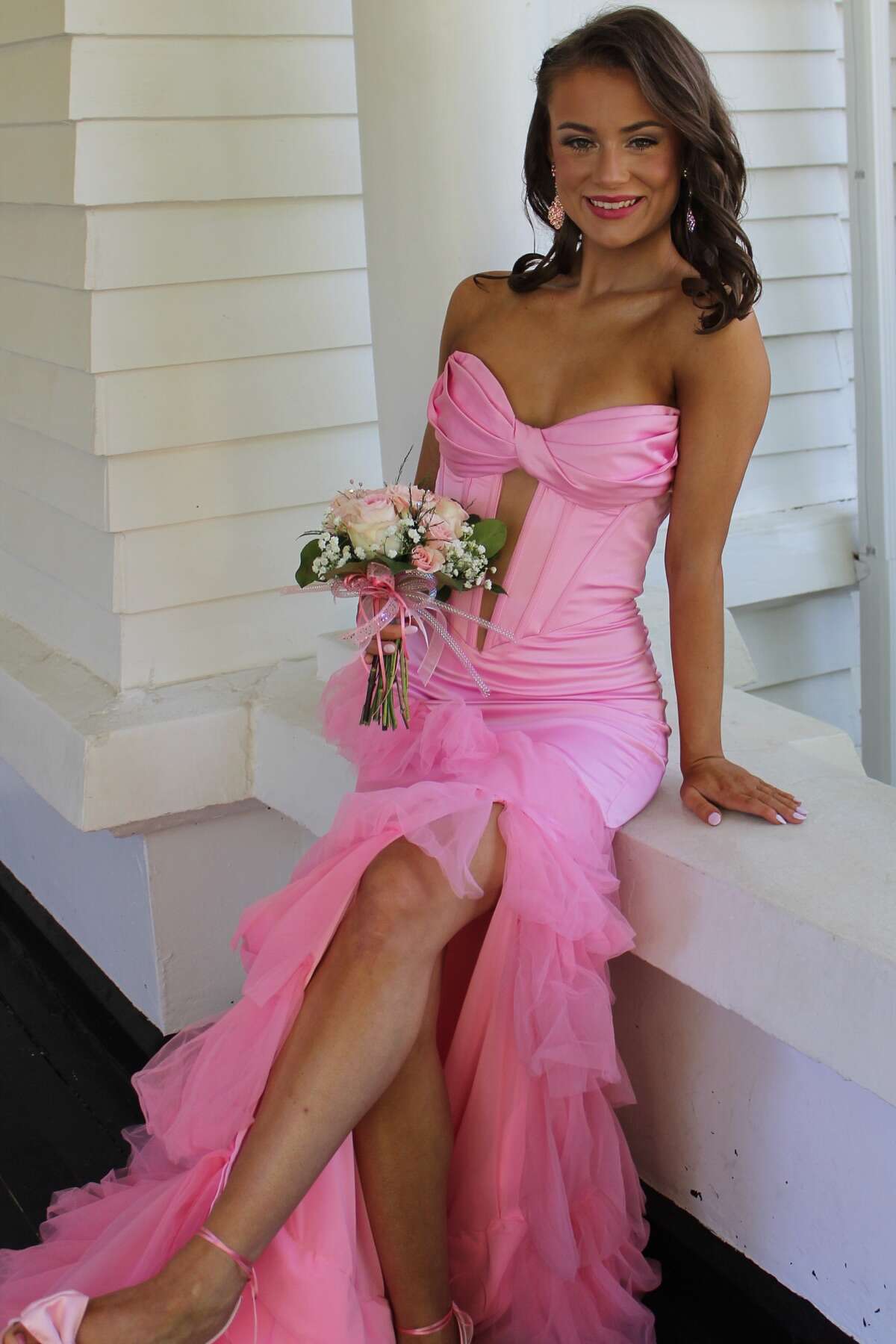 Strapless Pink Ruched Mermaid Ruffle Long Formal Dress